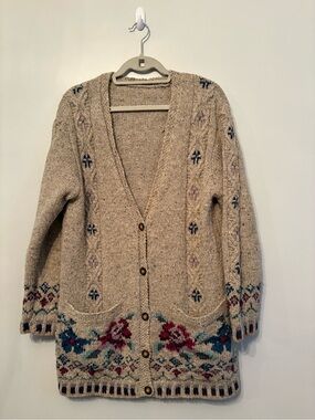 Vintage Laura Ashley Wool sweater cardigan floral embroidery cable knit details